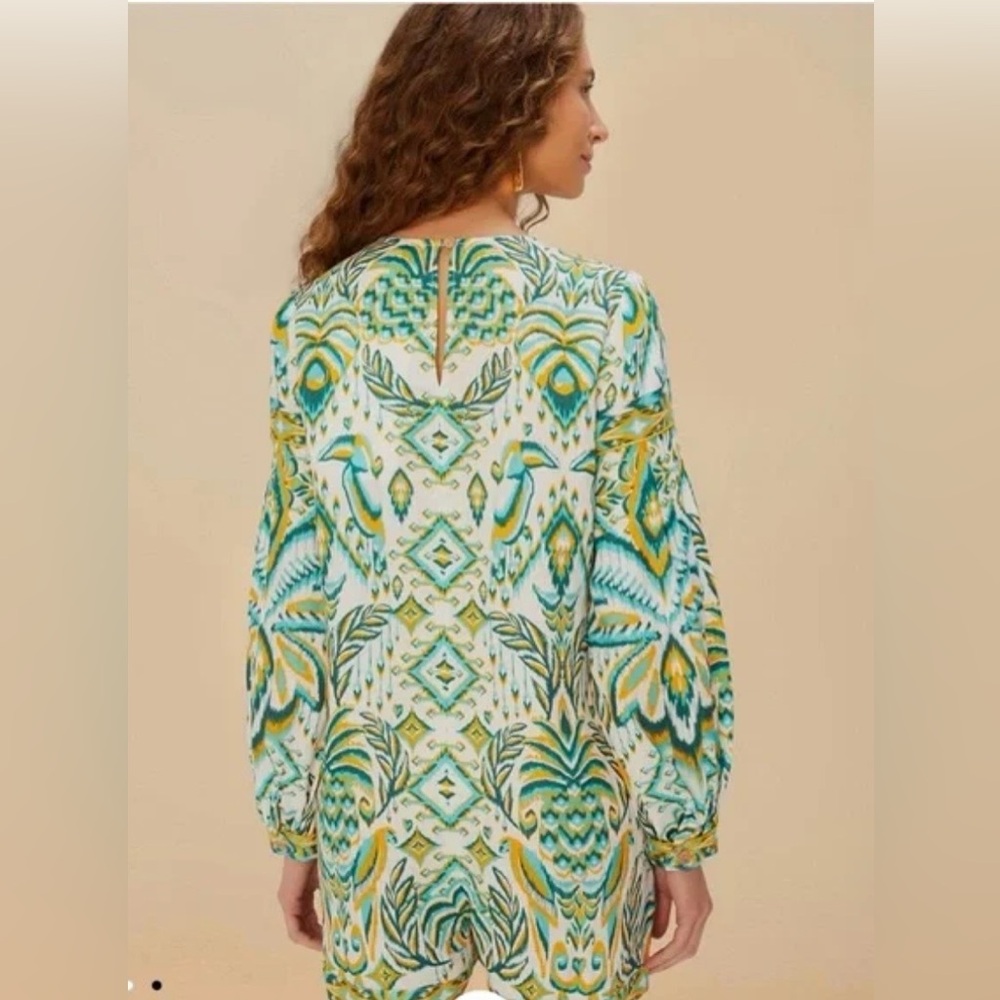 Farm Rio Green/Turquoise Boho Resort Romper Long Sleeve Tassel Tie NWT M - Picture 3 of 9